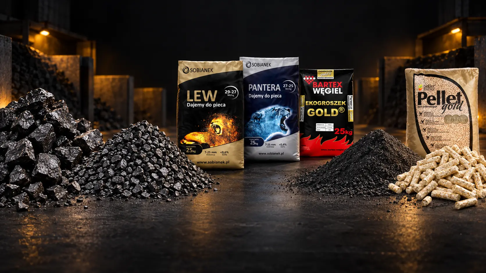 Węgiel, ekogroszek luzem, trzy rodzaje ekogroszku workowanego, miał oraz pellet w ofercie firmy BRYKIET